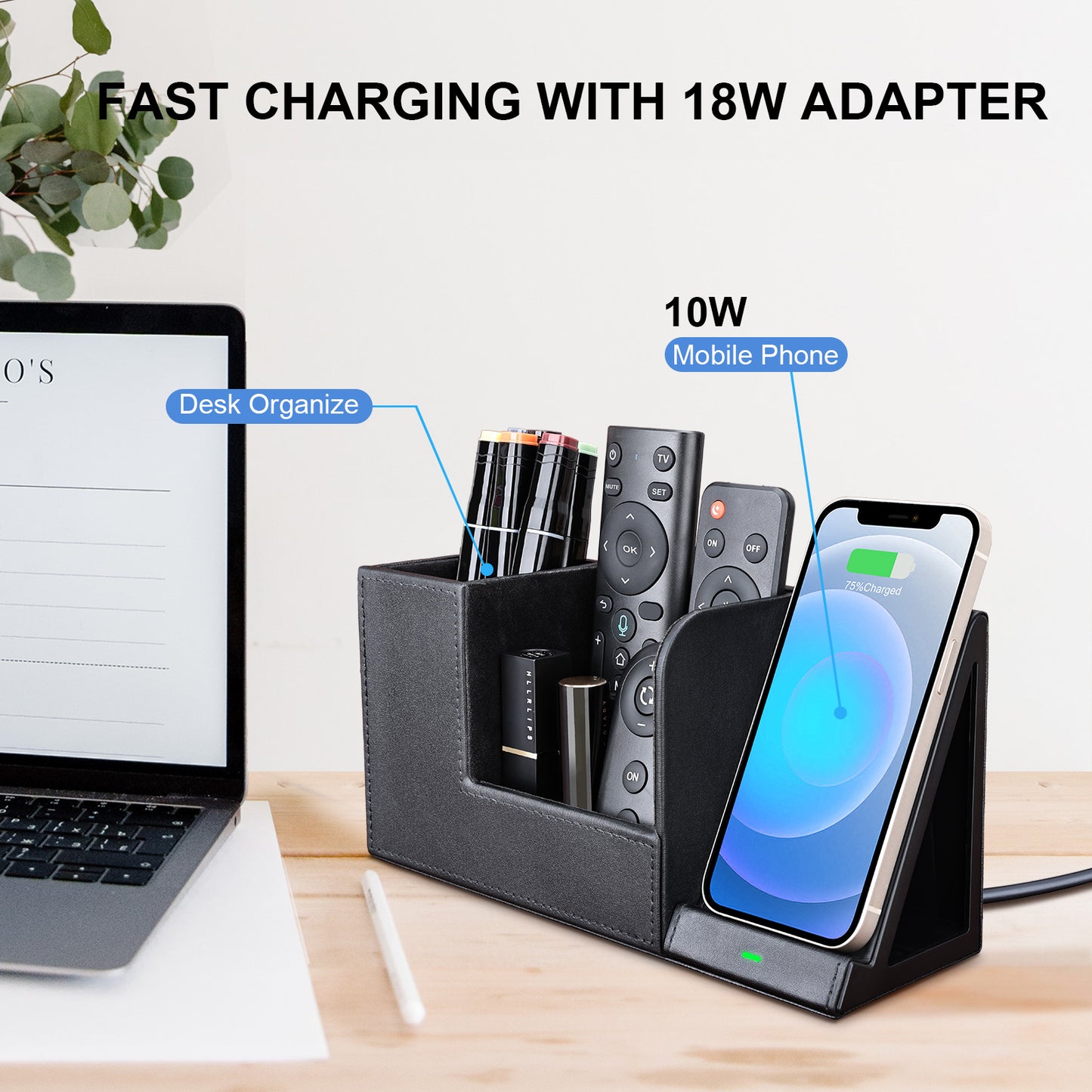 Wireless Charger with Desk Organizer Charging Station with Leather for iPhone 14/14 Pro/13/12/11/Samsung Galaxy S23/S22/S21/S20/Note 20/Note 10