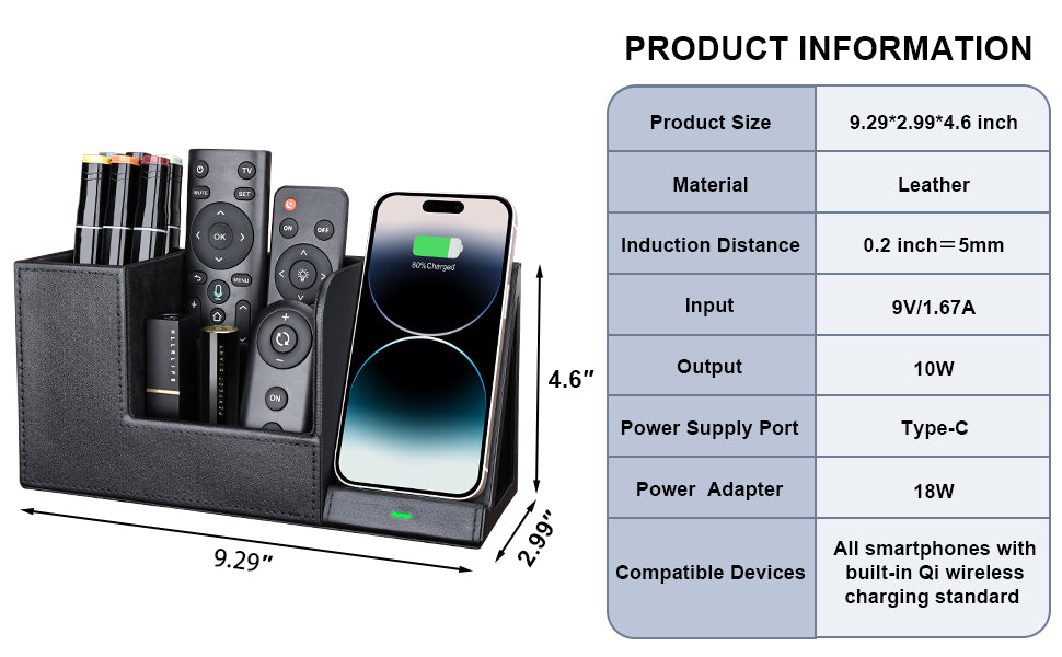 Wireless Charger with Desk Organizer Charging Station with Leather for iPhone 14/14 Pro/13/12/11/Samsung Galaxy S23/S22/S21/S20/Note 20/Note 10