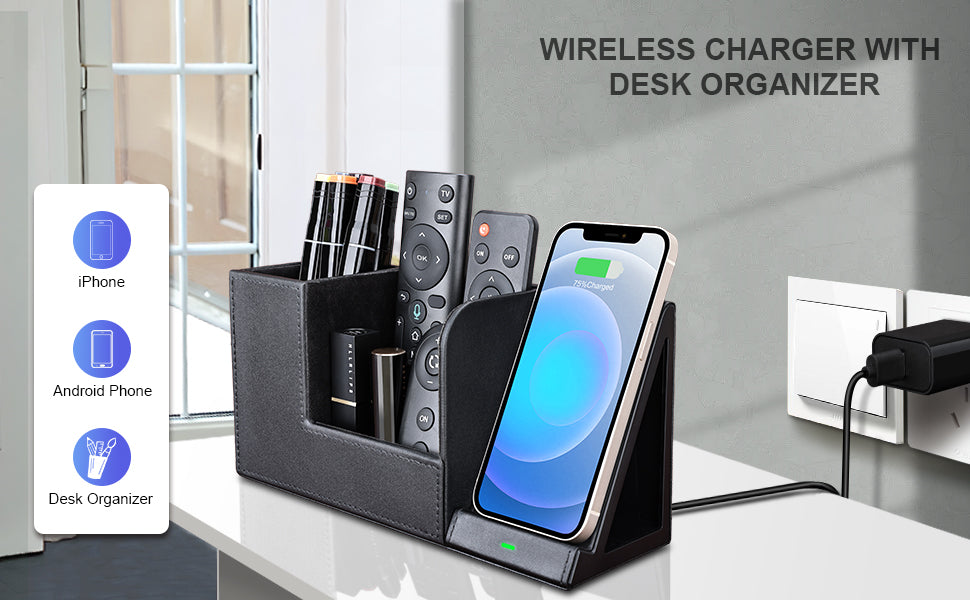 Wireless Charger with Desk Organizer Charging Station with Leather for iPhone 14/14 Pro/13/12/11/Samsung Galaxy S23/S22/S21/S20/Note 20/Note 10