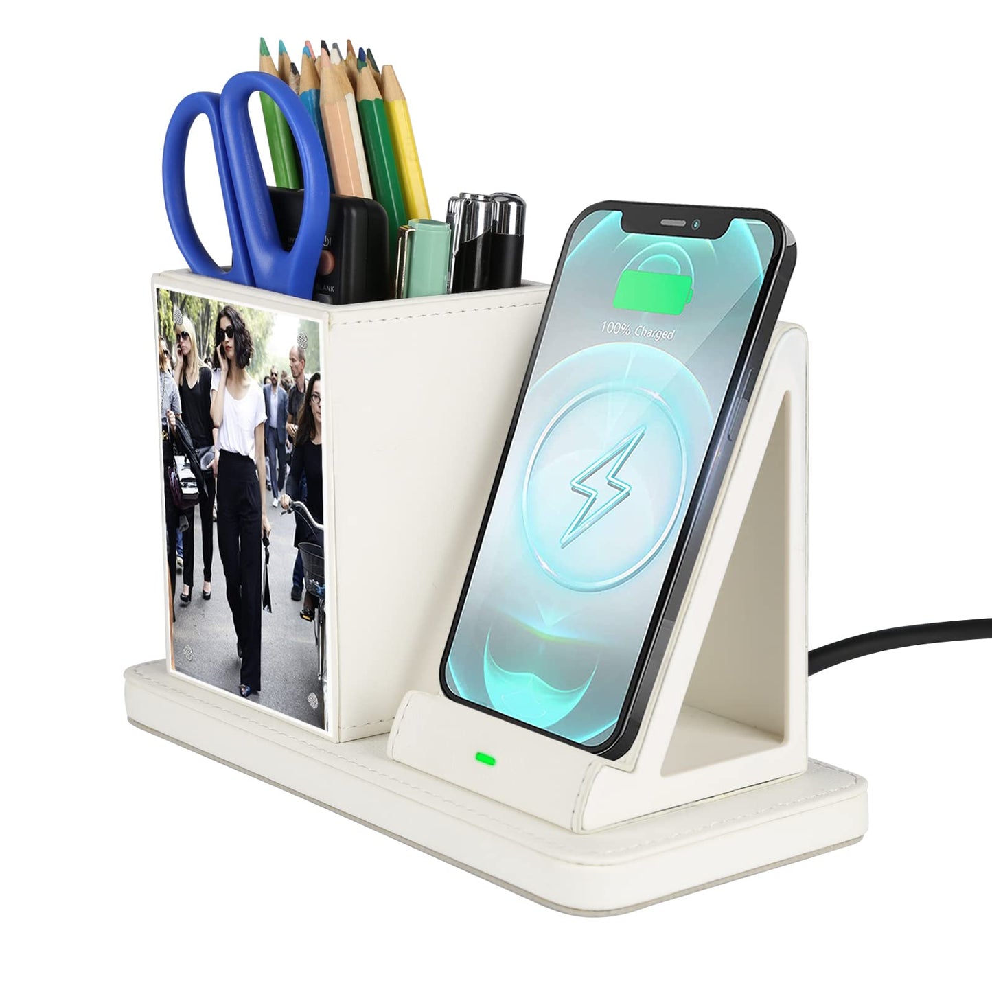 Wireless Charger with Desk Organizer, Wireless Charging Station for iPhone 14/14 Pro/13/12/11/Samsung Galaxy S23/S22/S21/S20/Note 20/Note 10, Wireless Charging Stand with Leather, Black