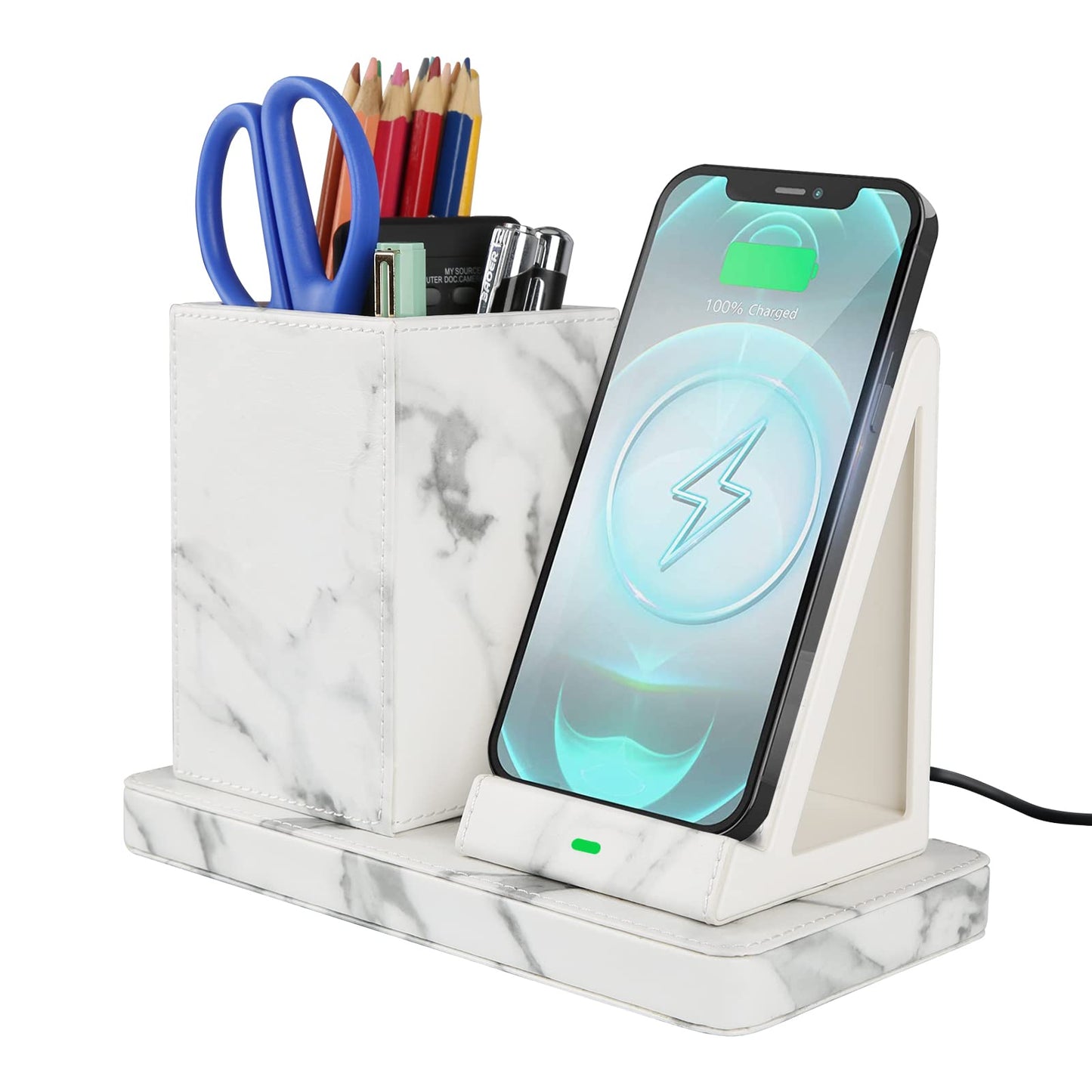 Wireless Charger with Desk Organizer, Wireless Charging Station for iPhone 14/14 Pro/13/12/11/Samsung Galaxy S23/S22/S21/S20/Note 20/Note 10, Wireless Charging Stand with Leather, Black
