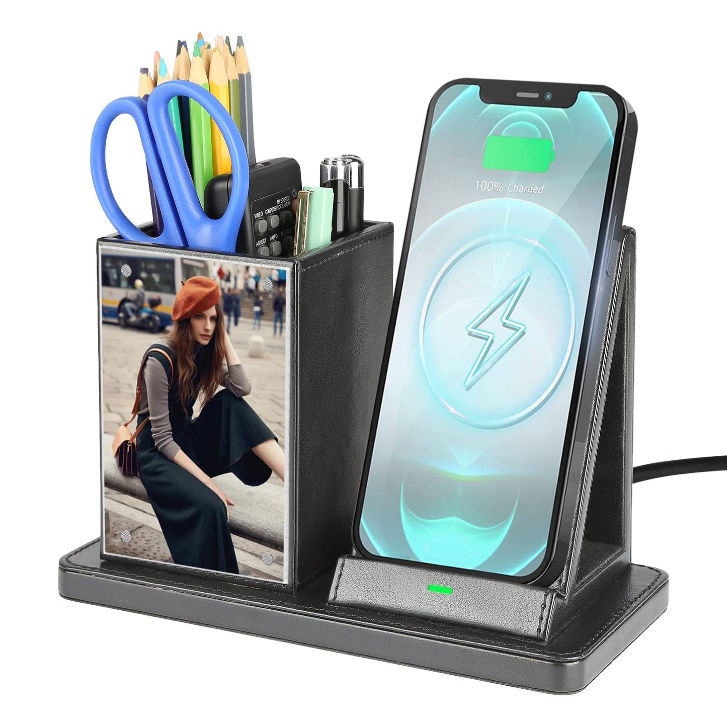 Wireless Charger with Desk Organizer, Wireless Charging Station for iPhone 14/14 Pro/13/12/11/Samsung Galaxy S23/S22/S21/S20/Note 20/Note 10, Wireless Charging Stand with Leather, Black