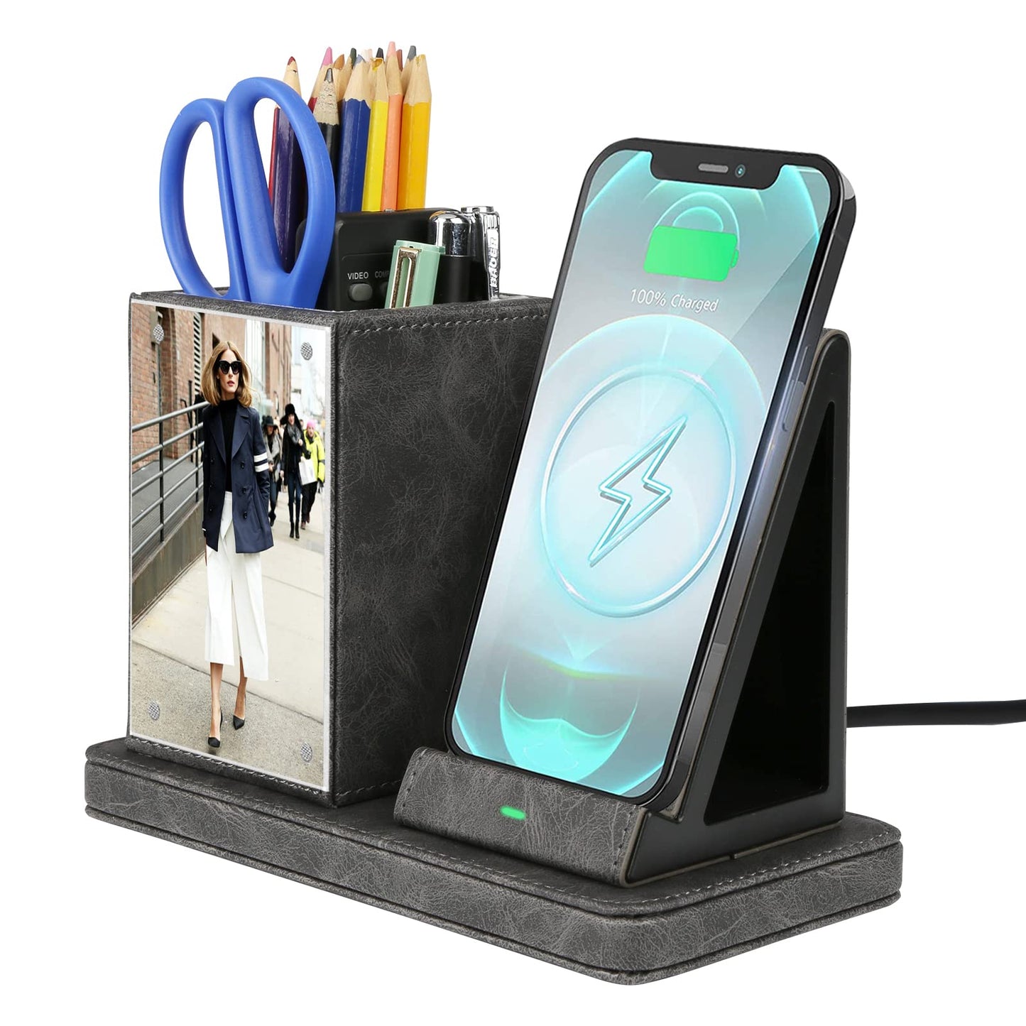 Wireless Charger with Desk Organizer, Wireless Charging Station for iPhone 14/14 Pro/13/12/11/Samsung Galaxy S23/S22/S21/S20/Note 20/Note 10, Wireless Charging Stand with Leather, Black